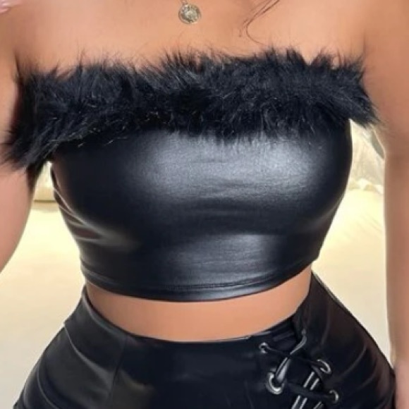 Tops - Fuzzy Trim PU Leather Tube Top